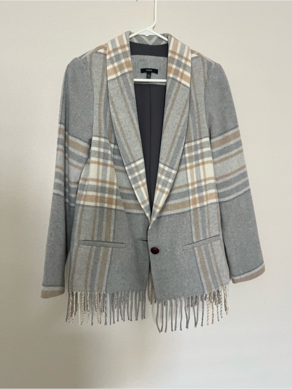 Anthropologie Wool Blend Grey Tassel Chic Plaid Fringe Blazer Jacket